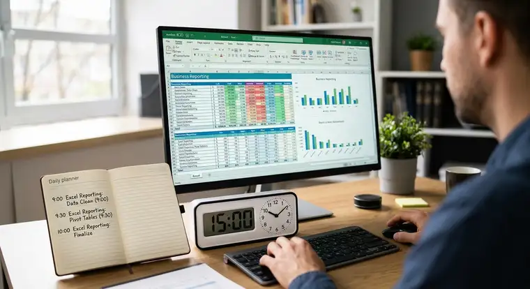 Widok kalendarza z blokami czasowymi i arkuszem Excel, pokazujący dzienny plan timeboxingowy do raportów