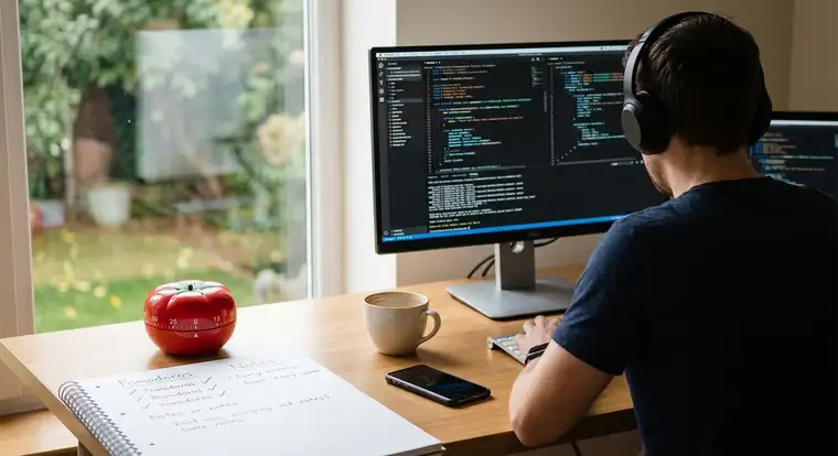 Specjalista w słuchawkach pracuje głęboko nad projektem IT, ilustrując różnicę między metodą Pomodoro a deep work w biurze